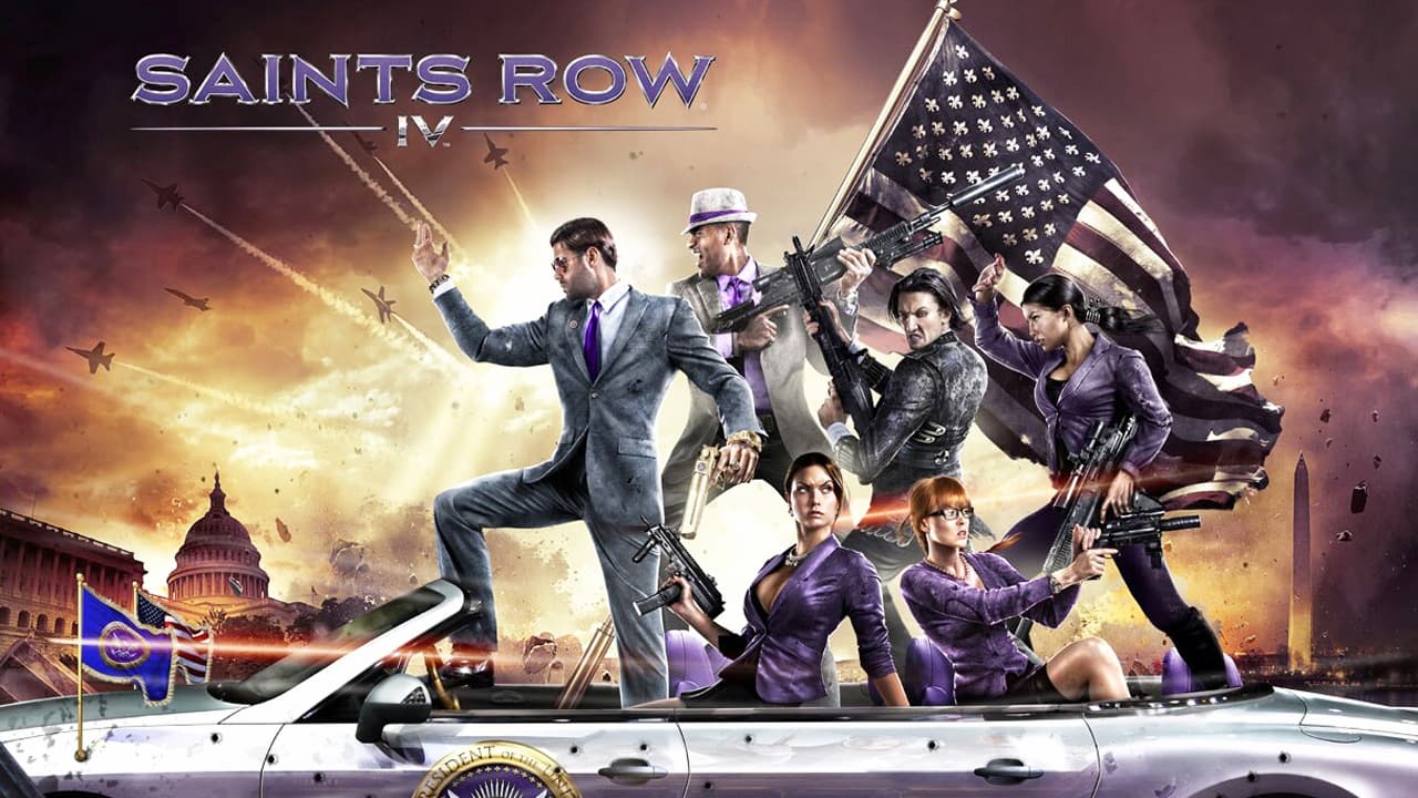 Saints Row IV's cast riding atop a car.