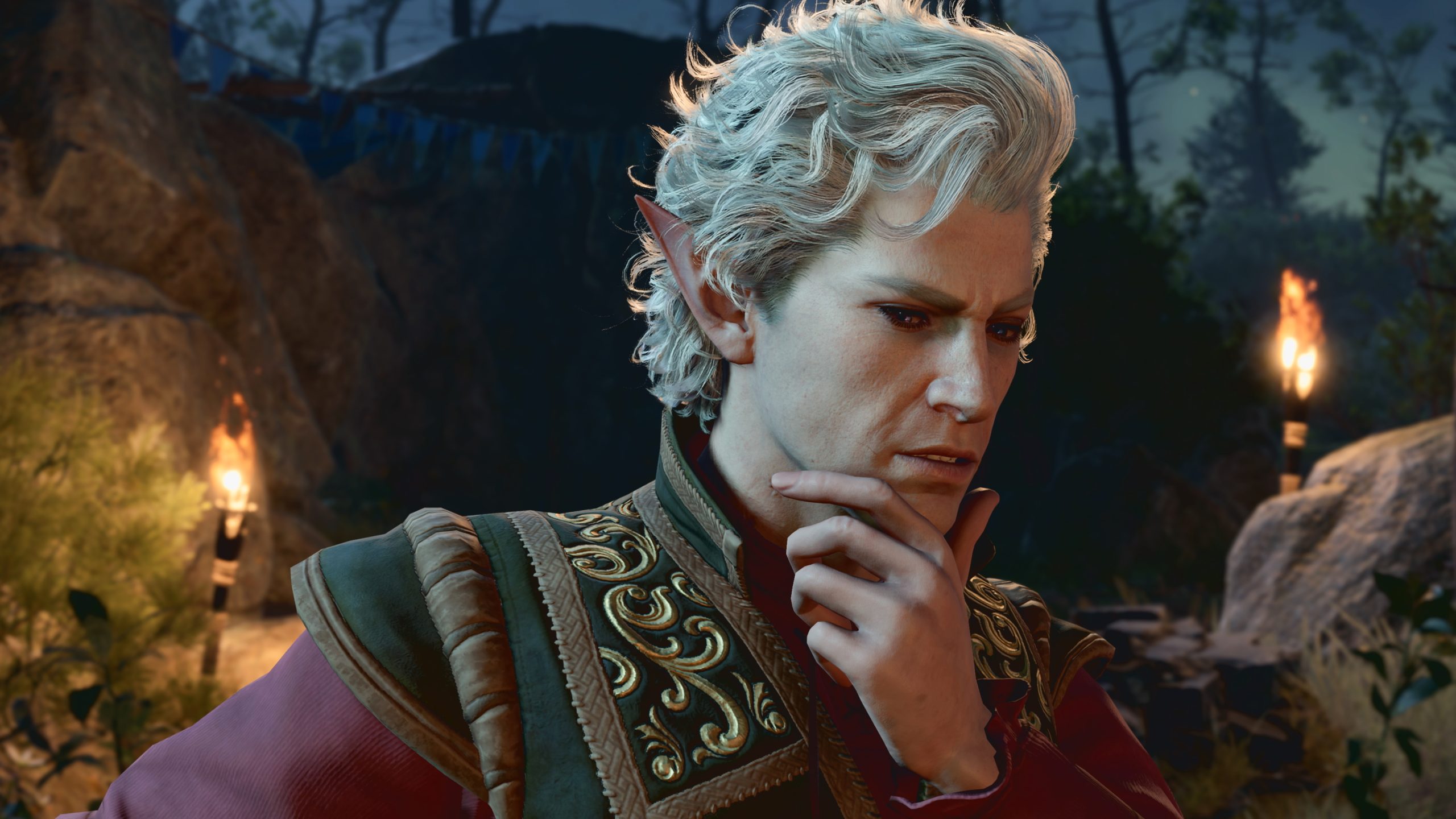 Baldur's Gate 3's Astarion, a pale elf, stroking his chin.