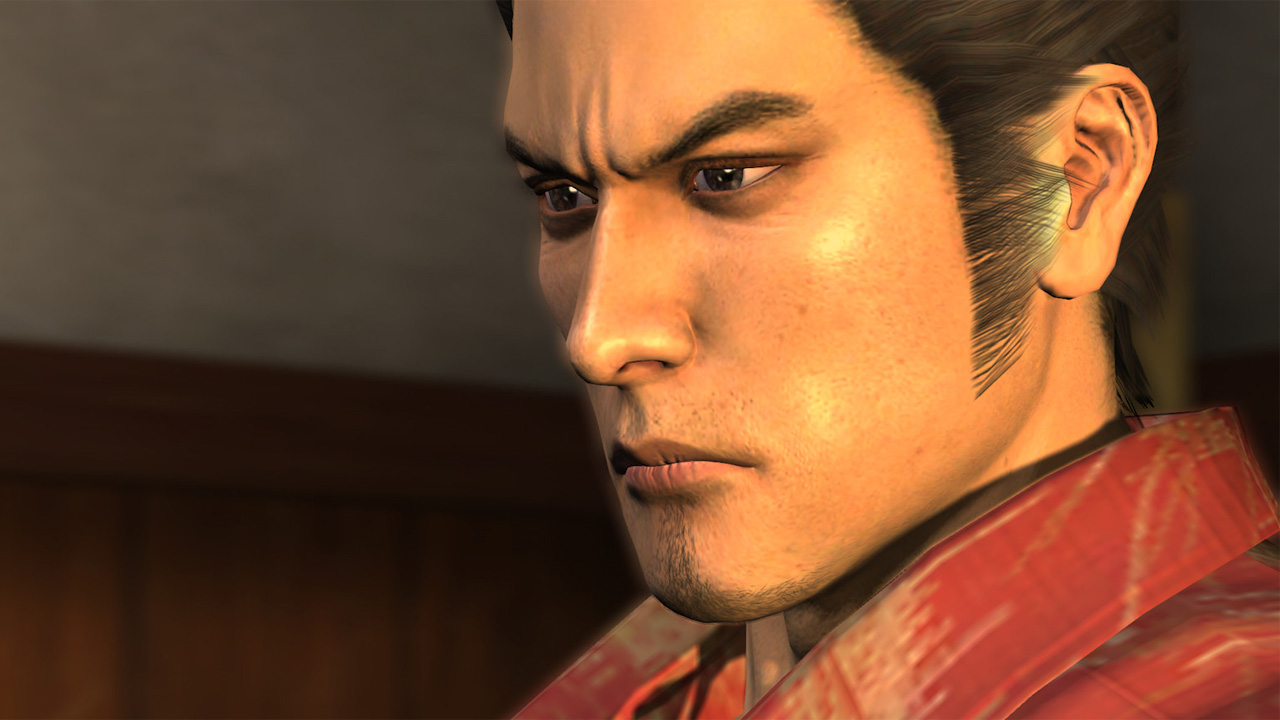 Kiyru Kazuma from the Yakuza series, a stern-looking man in a red and white shirt looking left.