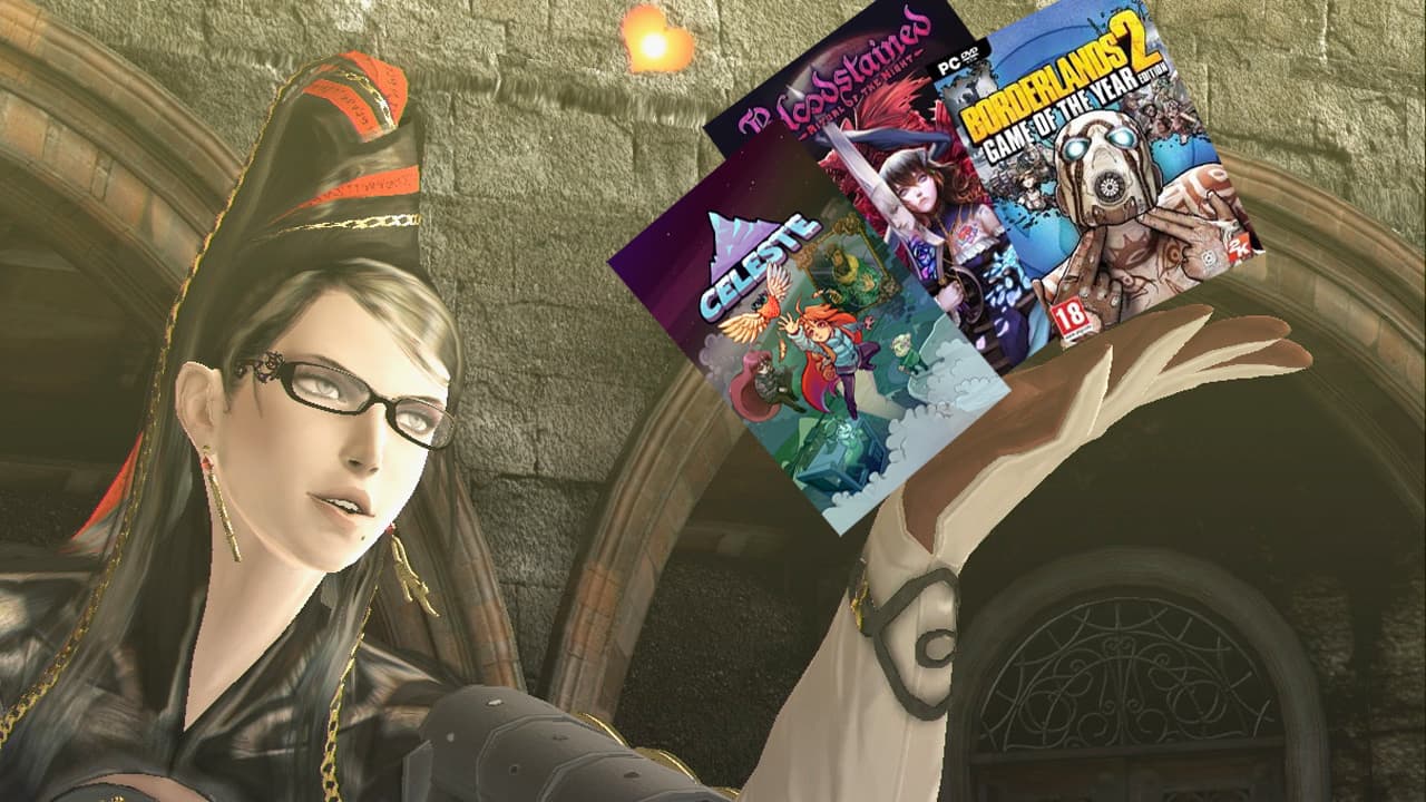 Bayonetta, a woman in black holding several games.