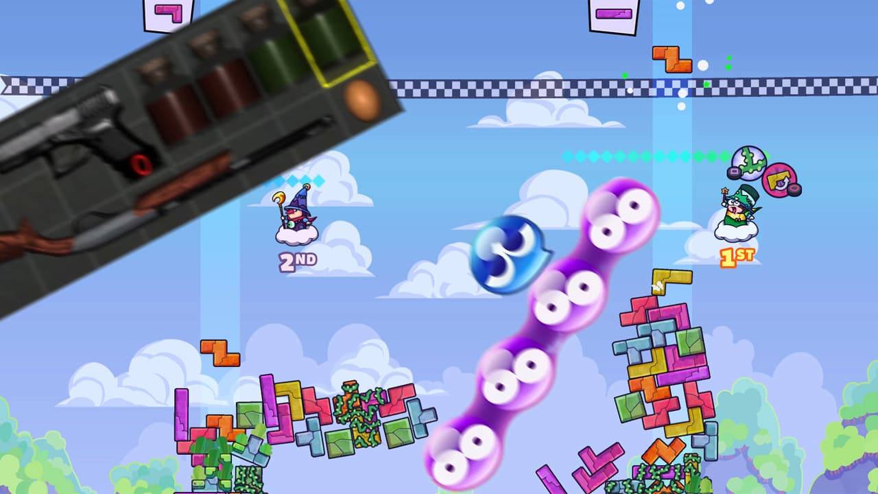 Three of the best games like Tetris on PS5 - Puyo Puyo Tetris 2, Tricky Towers and Save Room -mashed-up together with elements from each.