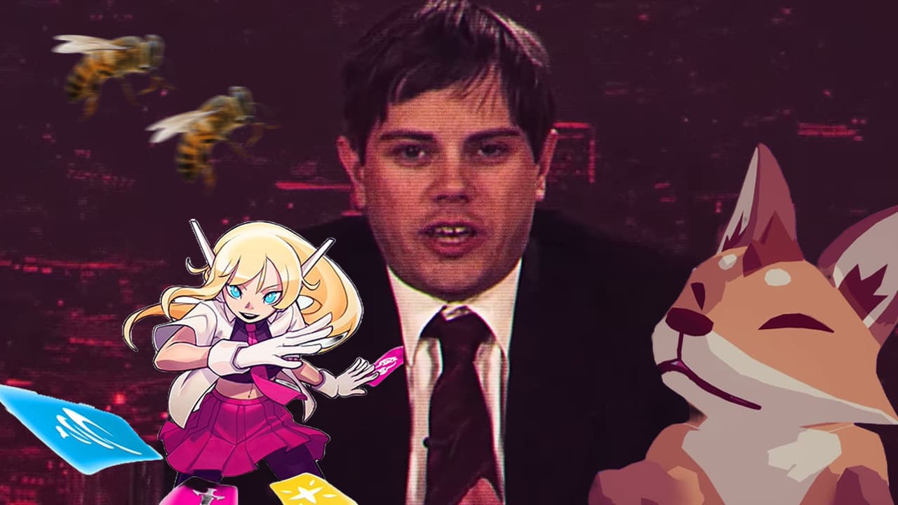 A newscaster next to a fox and an anime girl throwing cards. Some bees are flying in, all games from this Indie Humble Bundle.