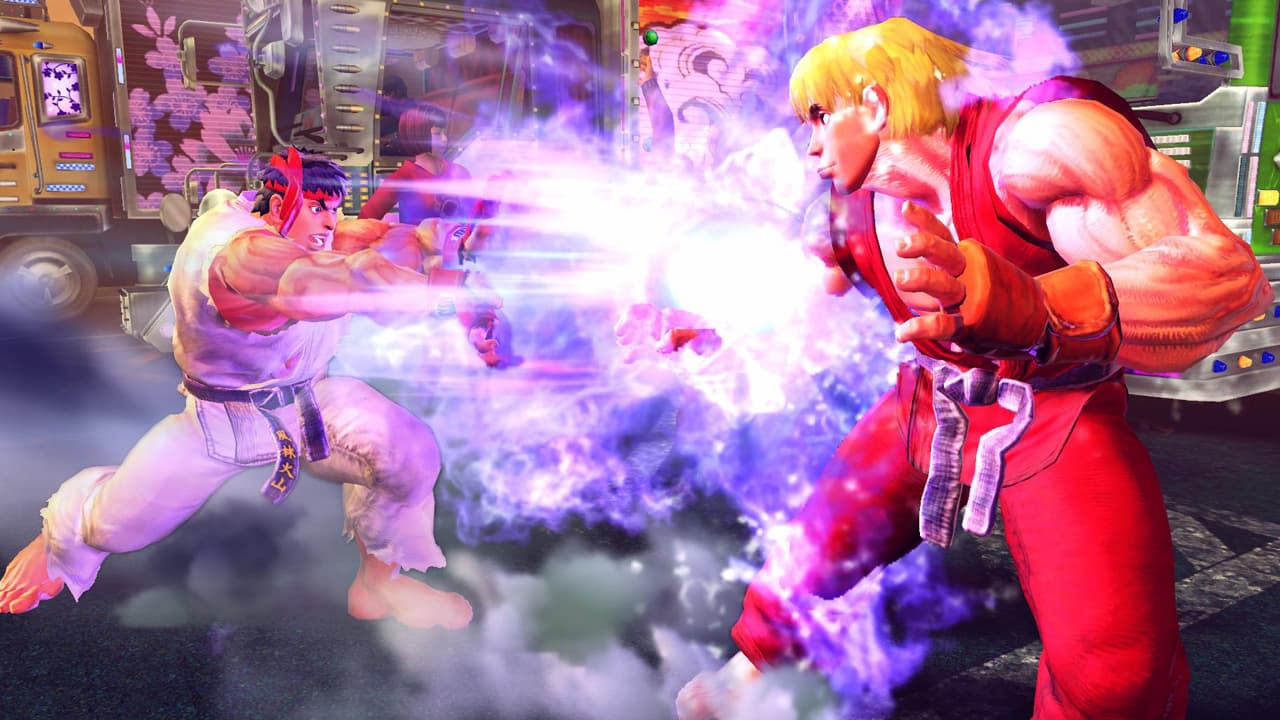 Ultra Street Fighter IV, Ryu and Ken hurling fireballs at each other.