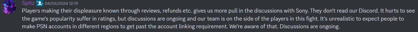 Helldivers 2 Discord - a message from community manager Spitz