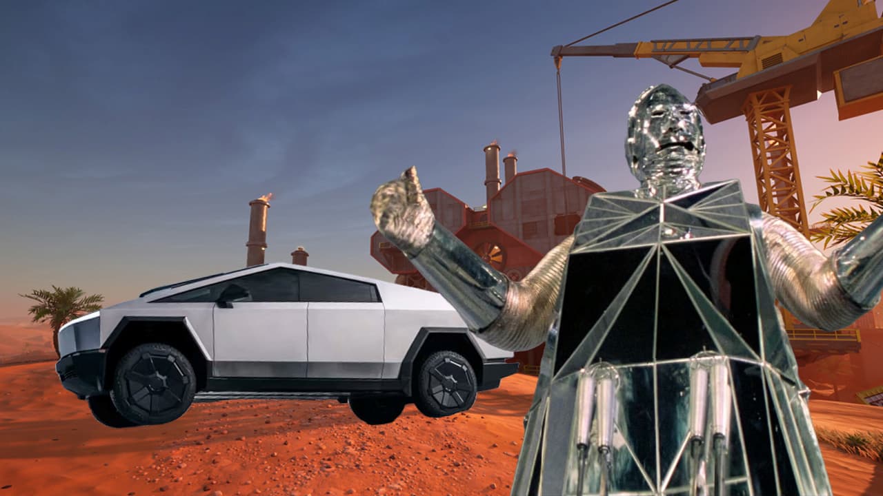 A composite image of dust Fortnite background, the robot Box from Logan's Run and a Tesla Cybertruck.