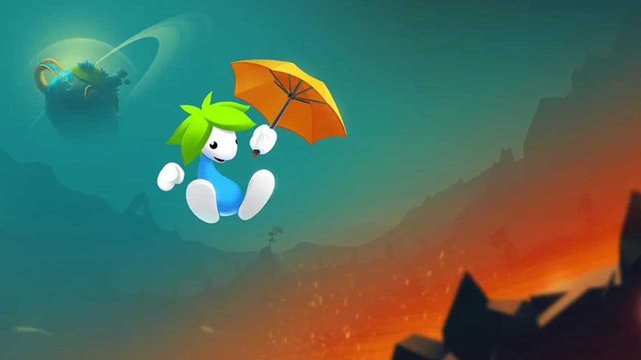 Lemmings, a lemming sailing down on an umbrella.