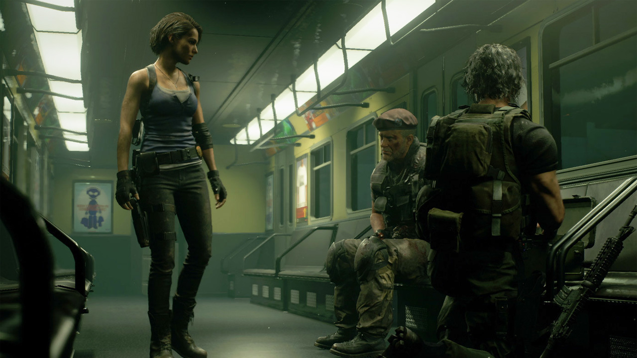 Resident Evil 2, with Claire, Carlos and Nikolai in a subway carriage, talking.