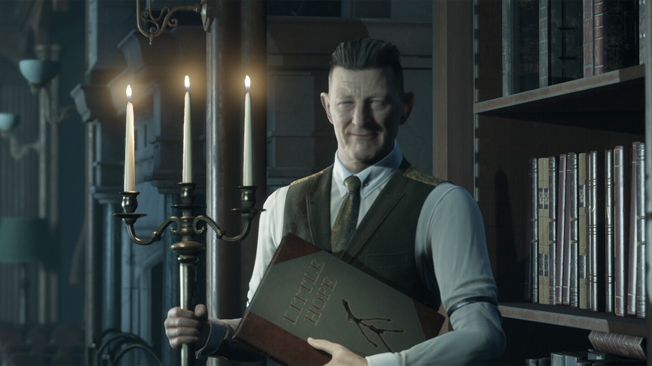 The Dark Pictures Anthology, the Curator, holding a candlestick and book.