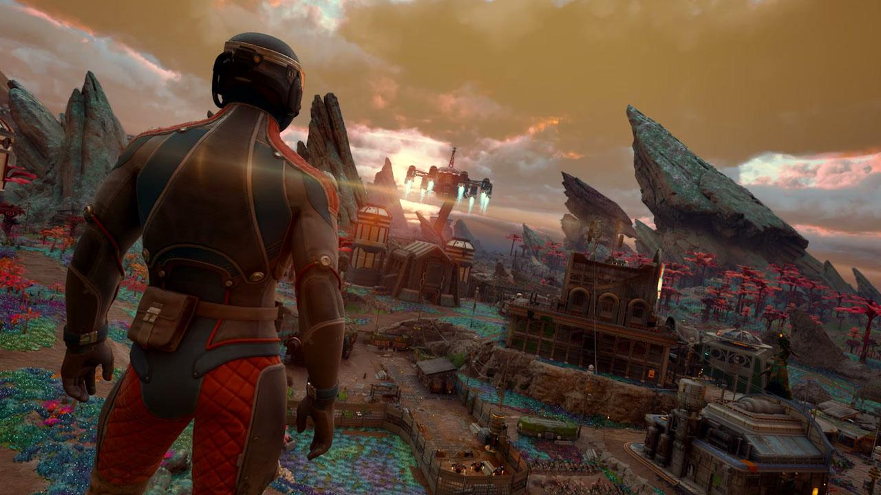 The Outer Worlds 2, a Spacer looking out over a sci-fi settlement.